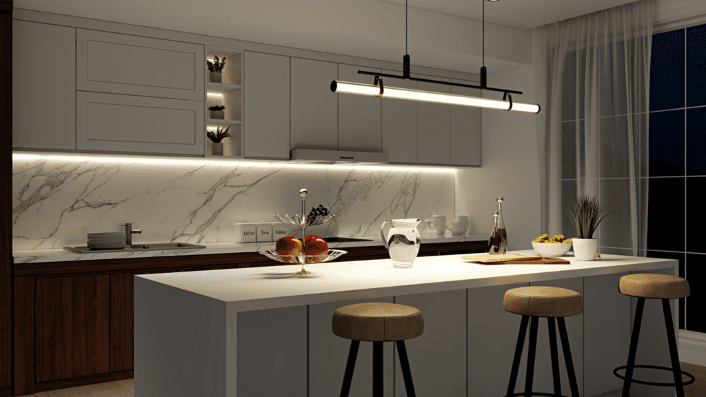 A modern kitchen with minimalist cabinetry, marble backsplash, and elegant pendant lights showcasing stylish lighting ideas.
