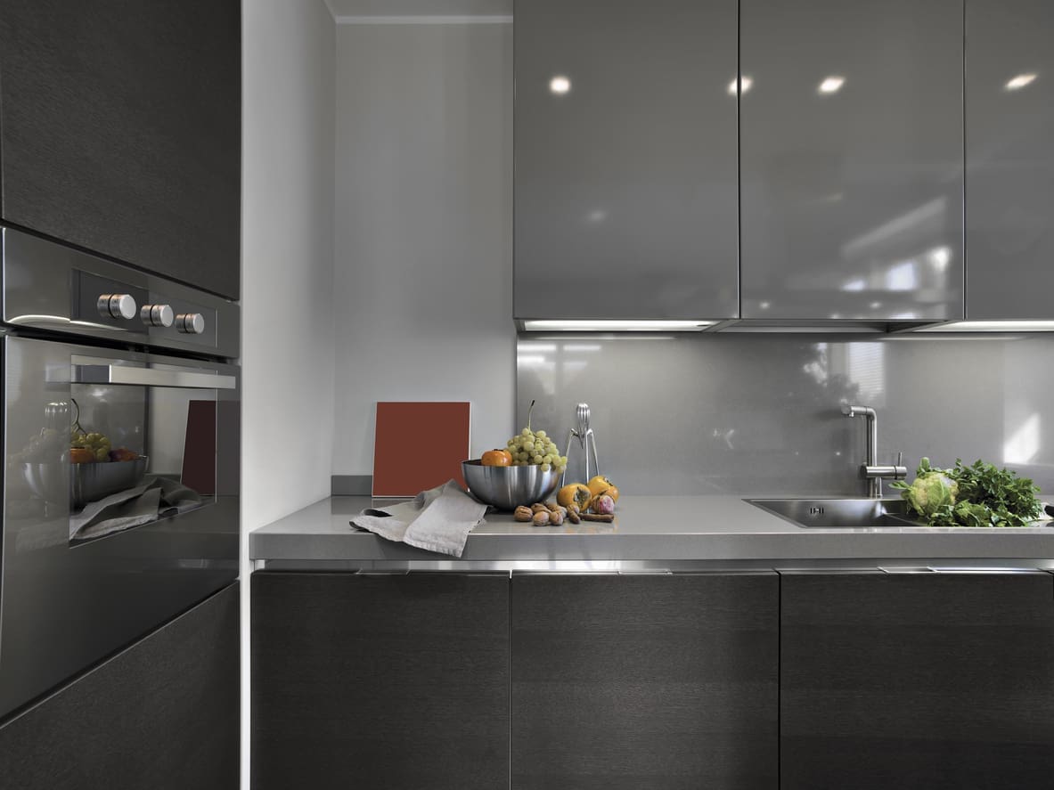 Modern kitchen with sleek high-gloss cabinets in a dark gray finish, paired with stainless steel appliances, a minimalist backsplash, and a quartz countertop, reflecting natural light for a polished and contemporary look