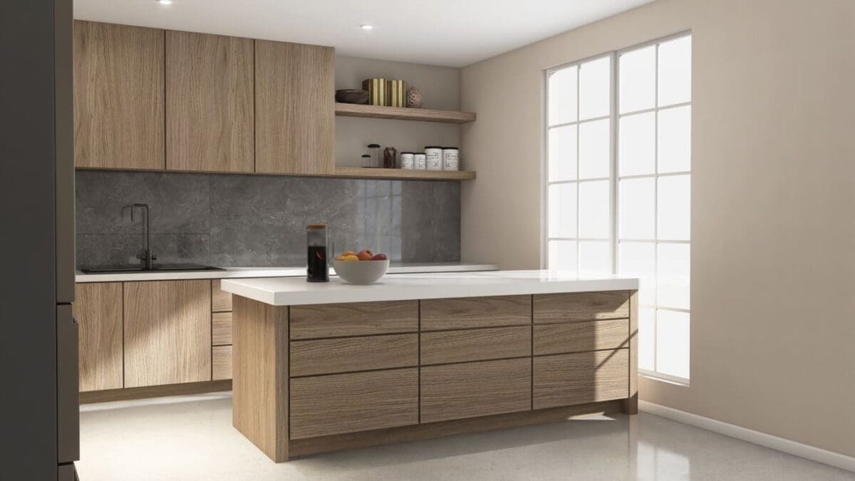 "Modern kitchen featuring custom wood grain cabinets with a natural finish, paired with a sleek white countertop and a gray stone backsplash. Open wooden shelving adds functionality and charm, while large windows provide ample natural light for a bright, inviting space