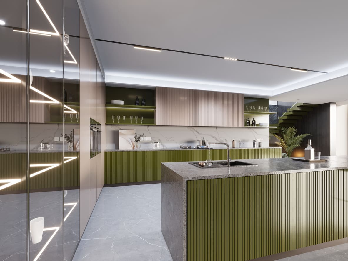 Modern kitchen design with olive green ribbed cabinetry, beige upper cabinets, marble countertops, integrated appliances, and ambient LED lighting, featuring a sleek island and open shelving for a contemporary aesthetic