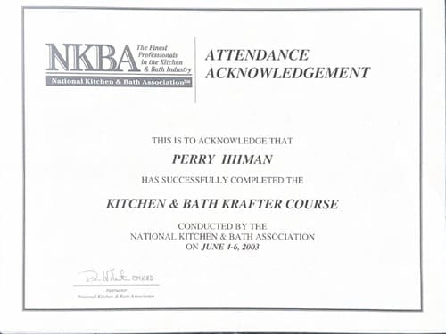 Certificate from the National Kitchen & Bath Association acknowledging Perry Himans completion of the Kitchen & Bath Krafter Course on June 4-6, 2003. Signed by an instructor or official.
