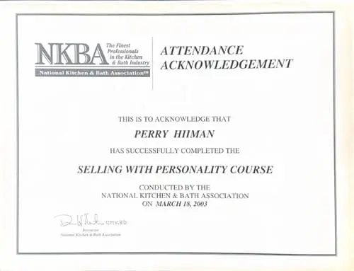 Certificate with NKBA logo, titled Attendance Acknowledgement, awarded to Perry Himan for completing the Selling with Personality Course, conducted by the National Kitchen & Bath Association on March 18, 2003.
