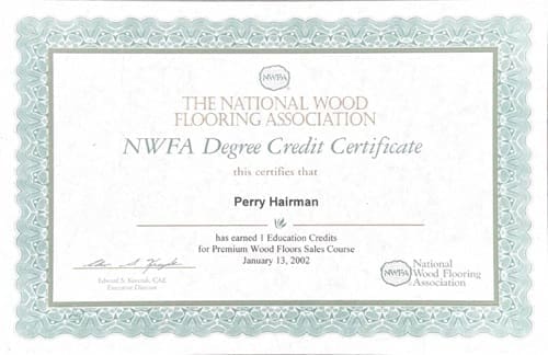 A certificate from the National Wood Flooring Association for Perry Hiiman