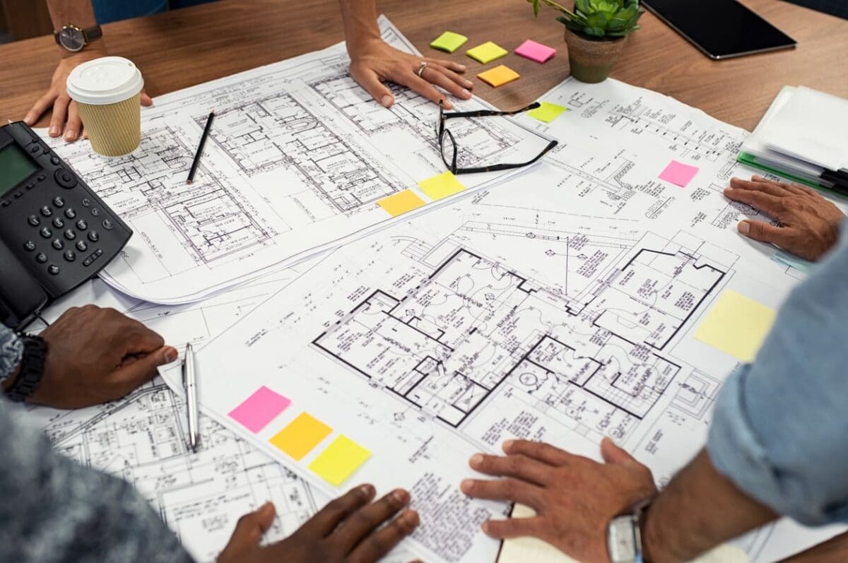 Hands of diverse individuals are spread across a table covered with architectural blueprints and colorful sticky notes. A coffee cup, plant, and telephone are nearby, indicating a collaborative workspace.