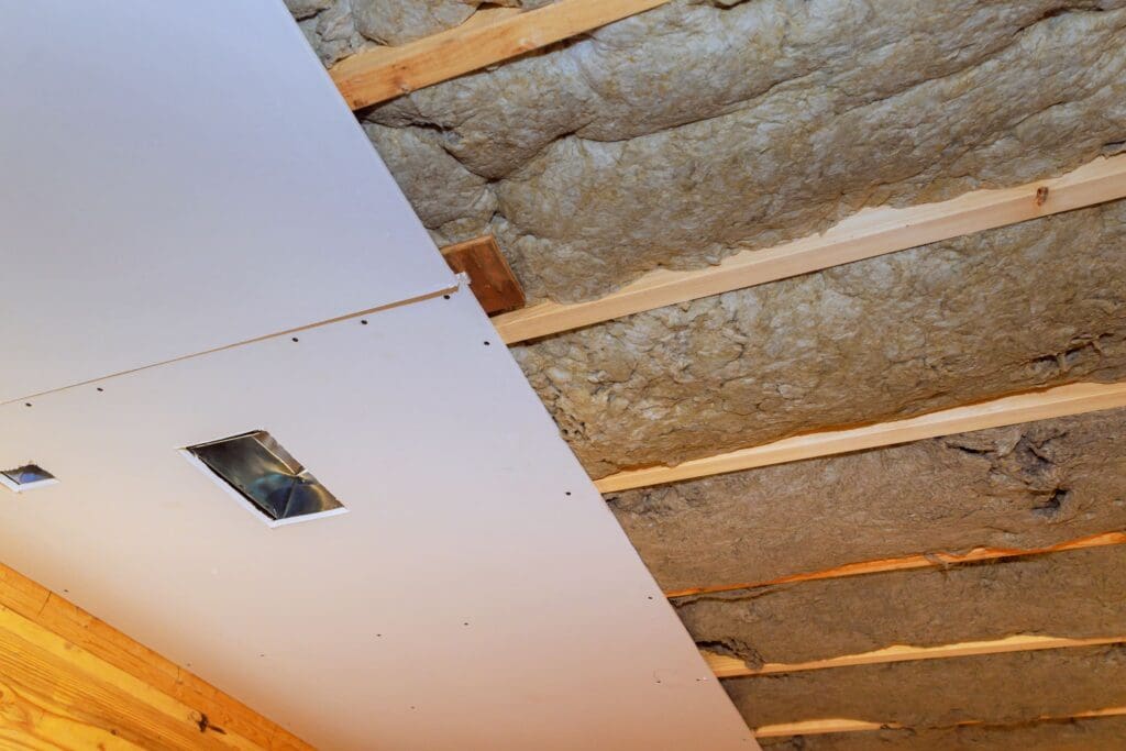 Close-up of a partially finished ceiling showing a section with installed drywall and a section with exposed insulation and wooden beams. A cutout is visible for a light fixture on the drywall side.