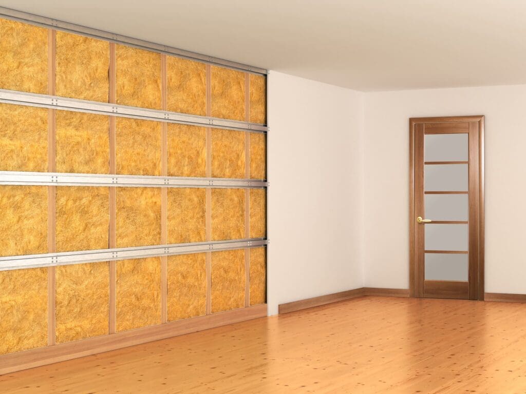 A room with a partially constructed wall showing soundproofing insulation material. The wall is unfinished with yellow insulation panels exposed. The room has wooden flooring, and a closed wooden door with frosted glass panels is on the right.