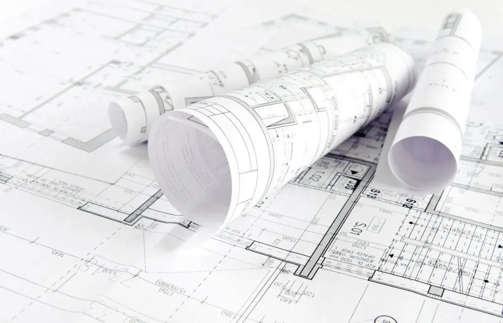 Three rolled-up blueprints rest on unrolled architectural floor plans, displaying technical drawings, measurements, and construction details for a Commercial Renovation in NYC.