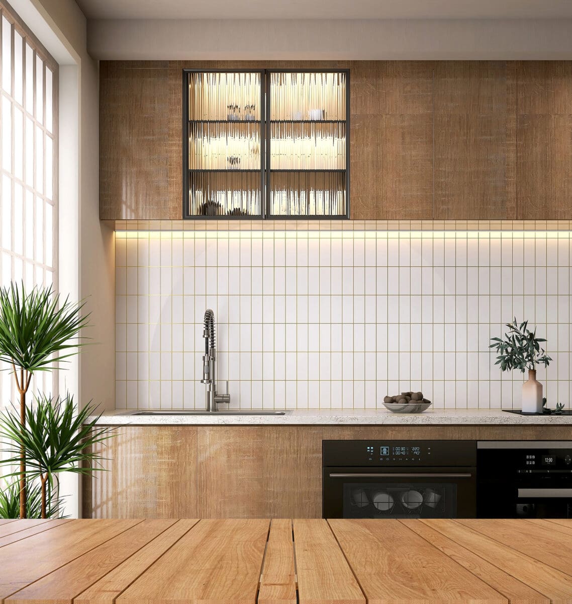Modern kitchen with wooden cabinets, white tile backsplash, stainless steel sink and faucet, built-in oven, potted plants, and a wooden countertop in the foreground. Sunlight streams through large windows on the left.