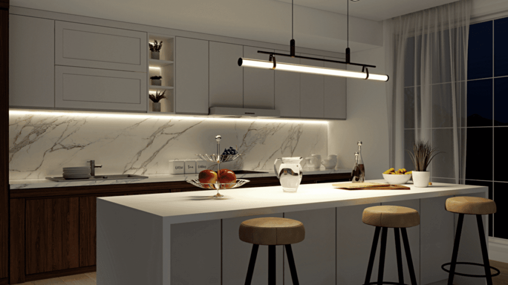 A modern kitchen with minimalist cabinetry, marble backsplash, and elegant pendant lights showcasing stylish lighting ideas.