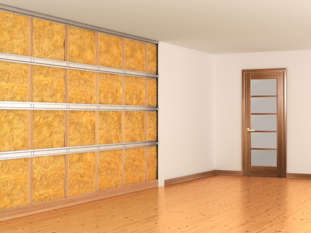 A room with a partially constructed wall showing soundproofing insulation material. The wall is unfinished with yellow insulation panels exposed. The room has wooden flooring, and a closed wooden door with frosted glass panels is on the right.