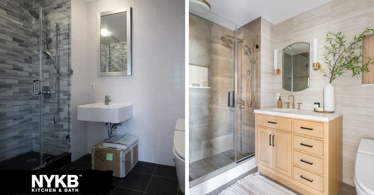 before and after mid century modern bathroom renovation in NYC apartment with wood vanity and walk in shower