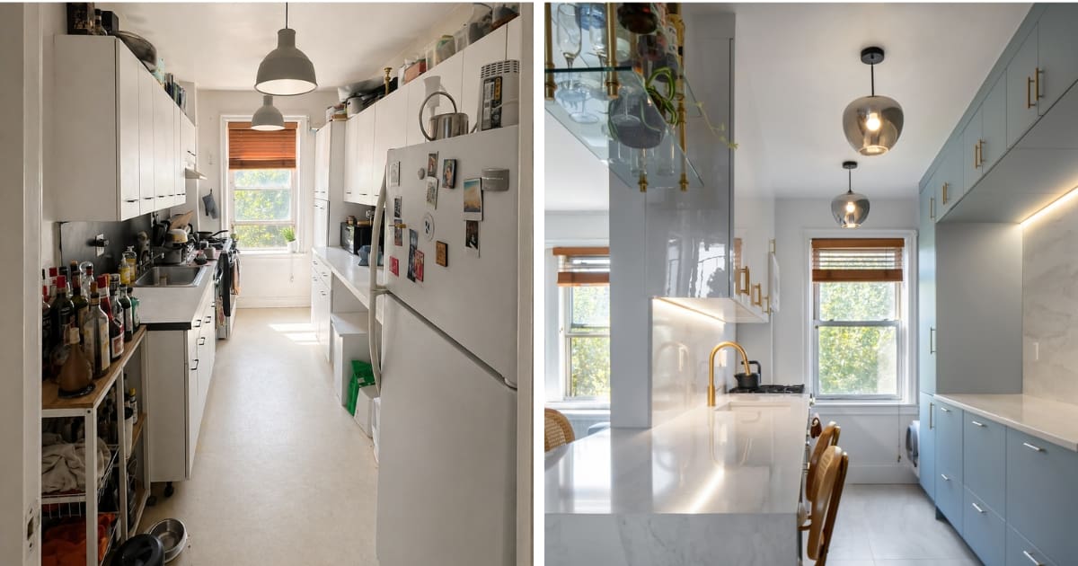 Side-by-side comparison of a narrow kitchen before and after renovation; the left side is cluttered and outdated, while the right side is modern, bright, and organized with sleek cabinets and new lighting.