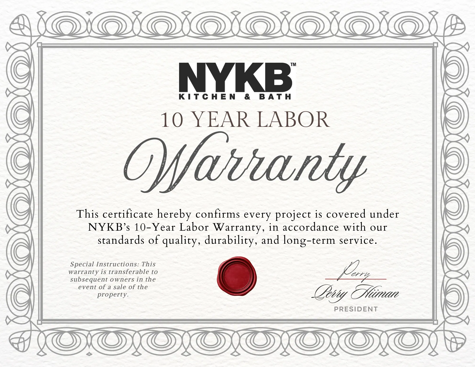 NYKB 10 Year Labor Warranty graphic