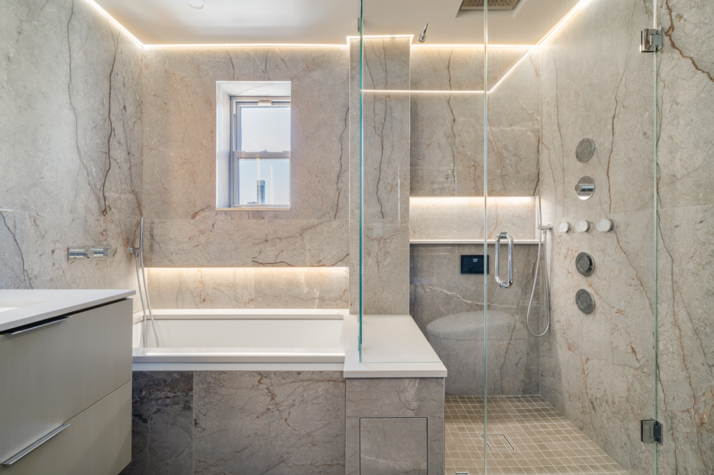 East 73rd Street Luxury Bathroom Remodel with Steam Shower and Whirlpool Tub